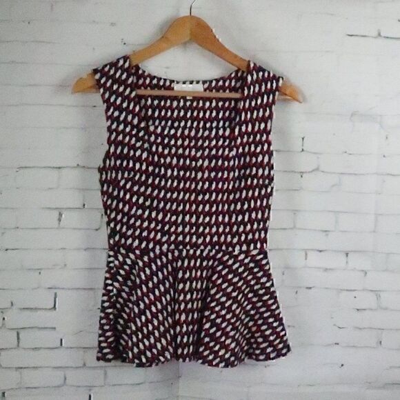 ERI + ALI RED WHITE & BLUE DESIGN PRINT SLEEVELESS SQUARE NECK PEPLUM TOP XS - Picture 2 of 9